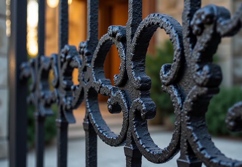 Custom architectural ironwork featuring ornate railings and gates
