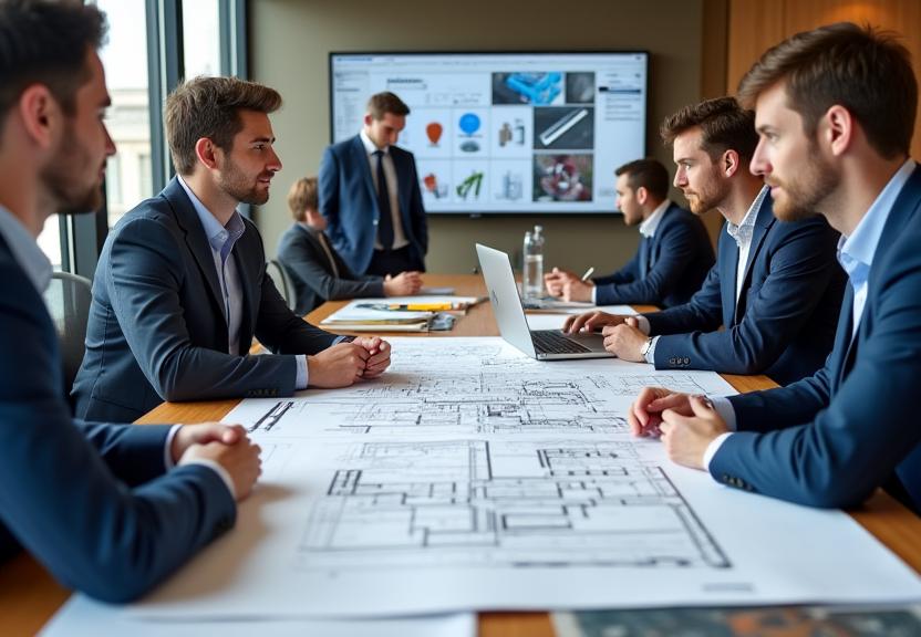 Collaborative metal design consultation meeting with architects and designers